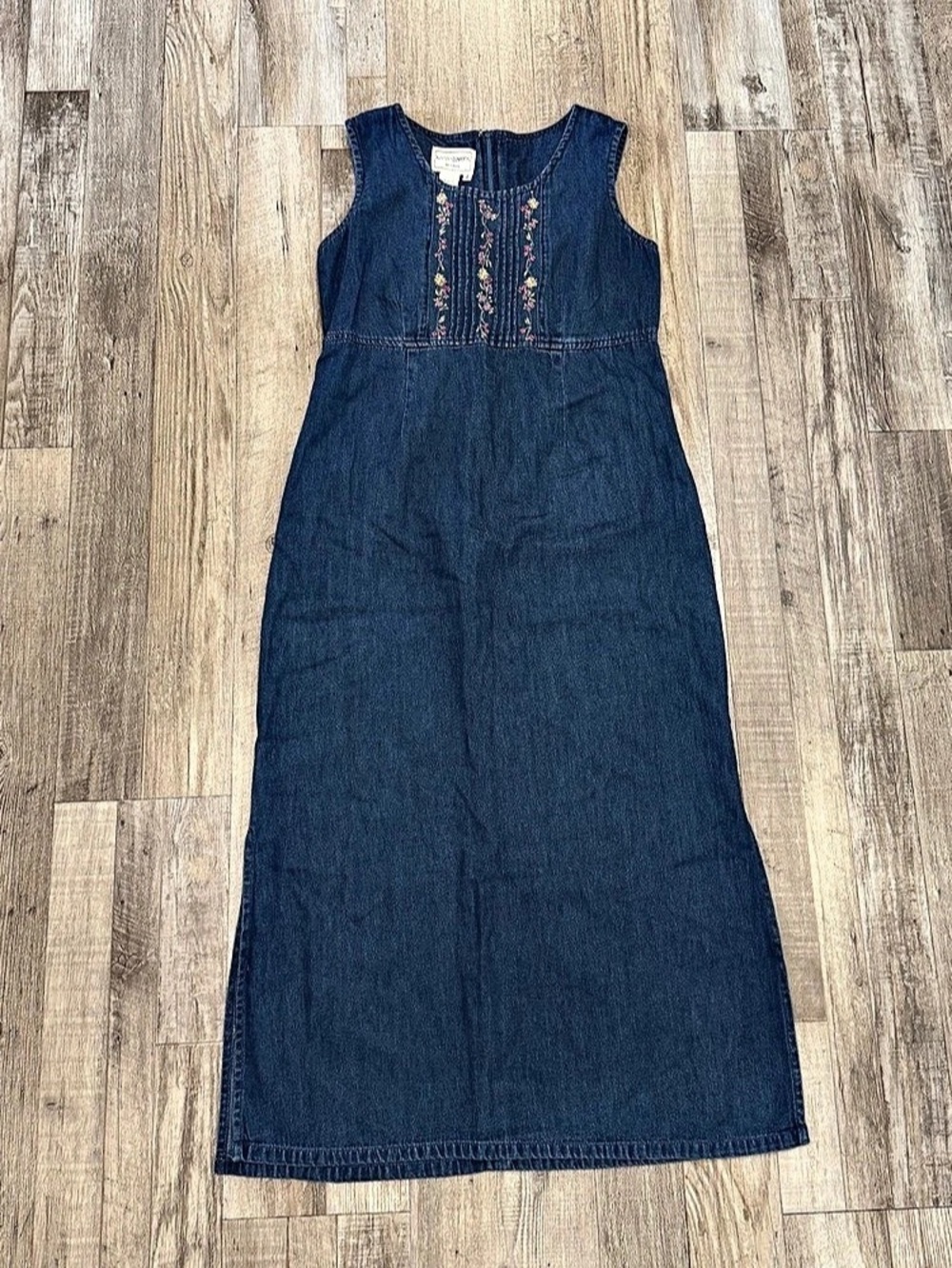 90s Vintage Karin Stevens Size 6 Floral Embroidered Denim Maxi Dress Cottagecore